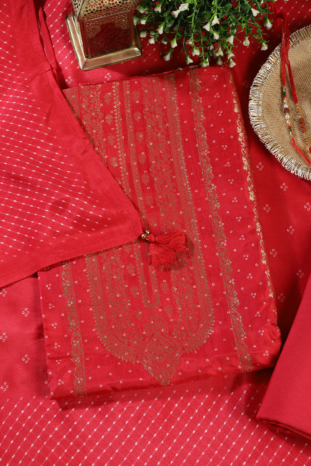 Red Zari Woven And Bandhani Printed Silk Unstitched Suit Fabric