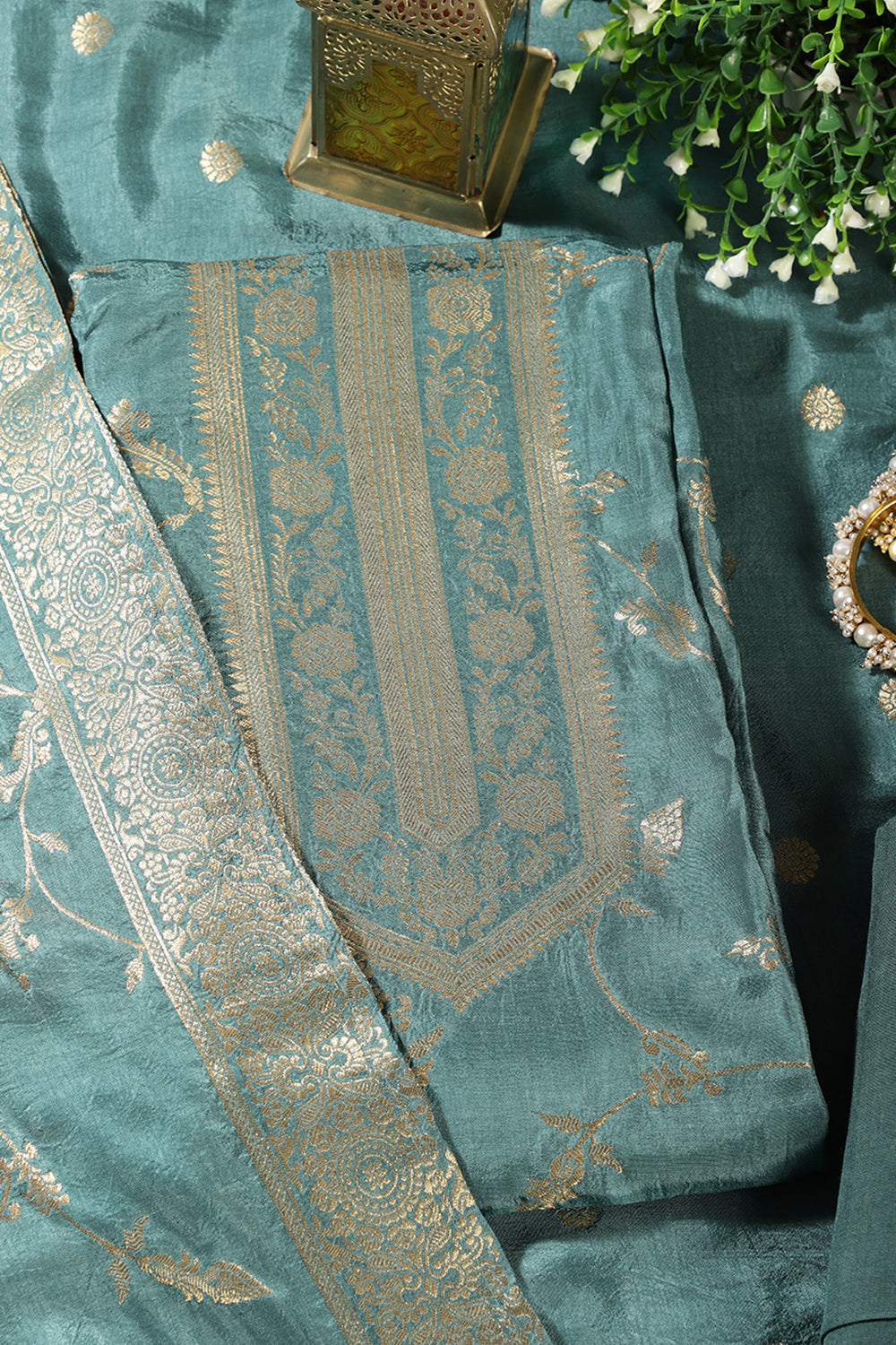 Sea Green Banarsi Floral Woven Silk Unstitched Suit