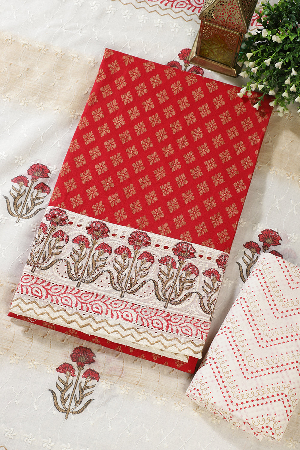 Red Cotton Woven And Lace Work Unstitched Suit Material