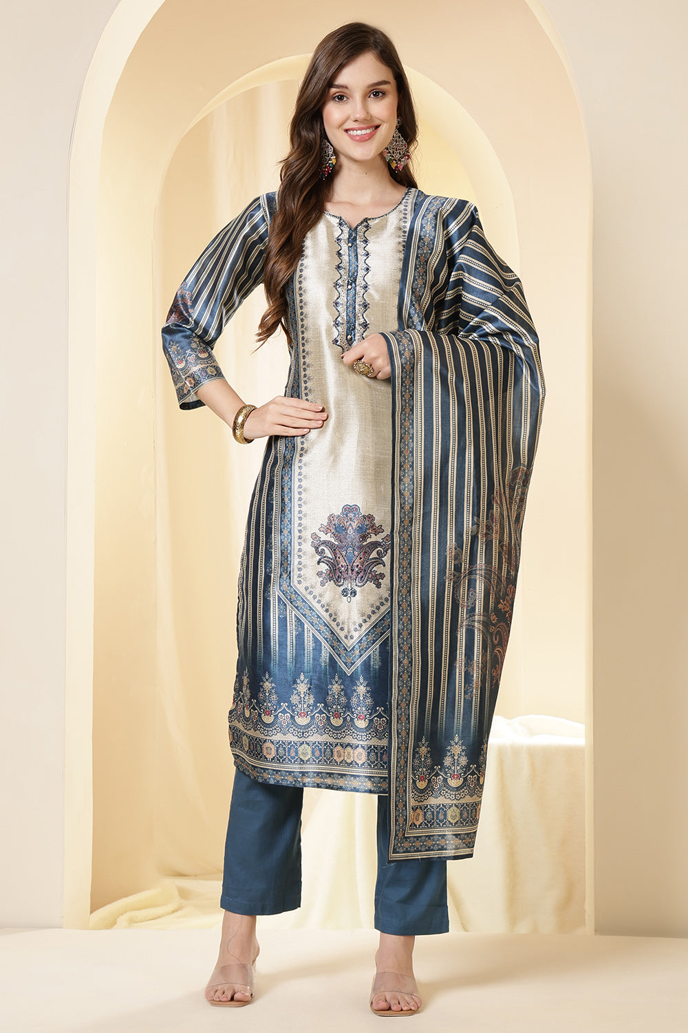 Blue Color Chanderi Silk Printed Straight Suit