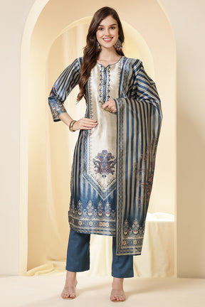 Blue Color Chanderi Silk Printed Straight Suit