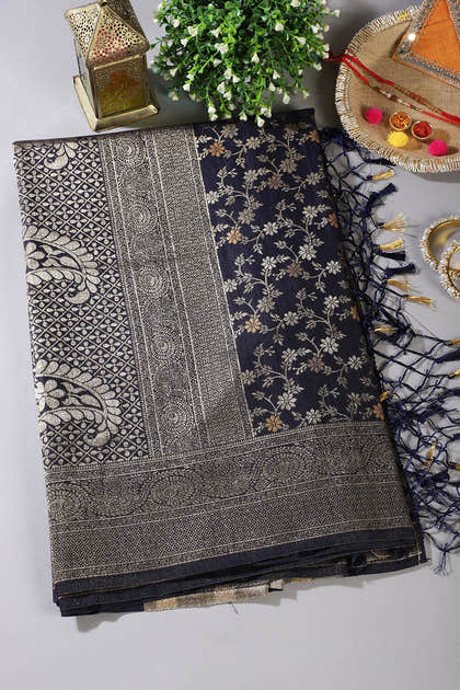 Navy Floral Zaal Woven Silk Banarasi Saree