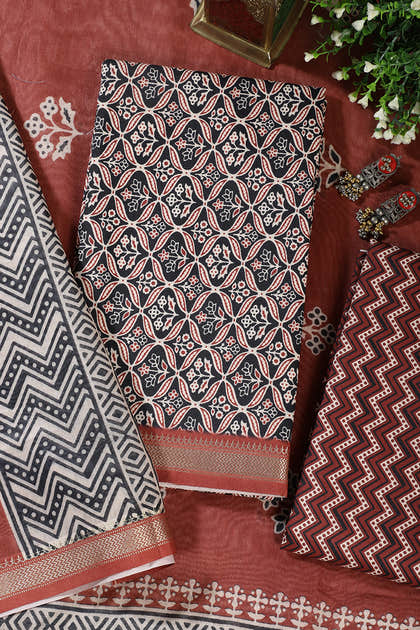 Black Cotton Ajrakh Block Print Unstitched Suit Material