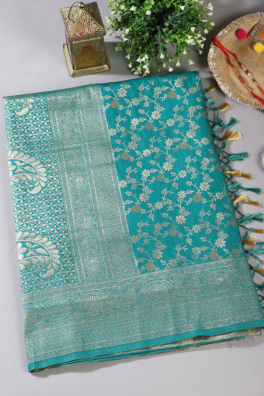 Teal Floral Zaal Woven Silk Banarasi Saree