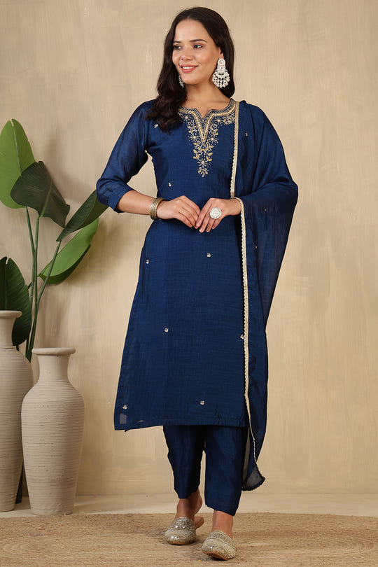 Navy Crepe Silk Neck Embroidered Suit
