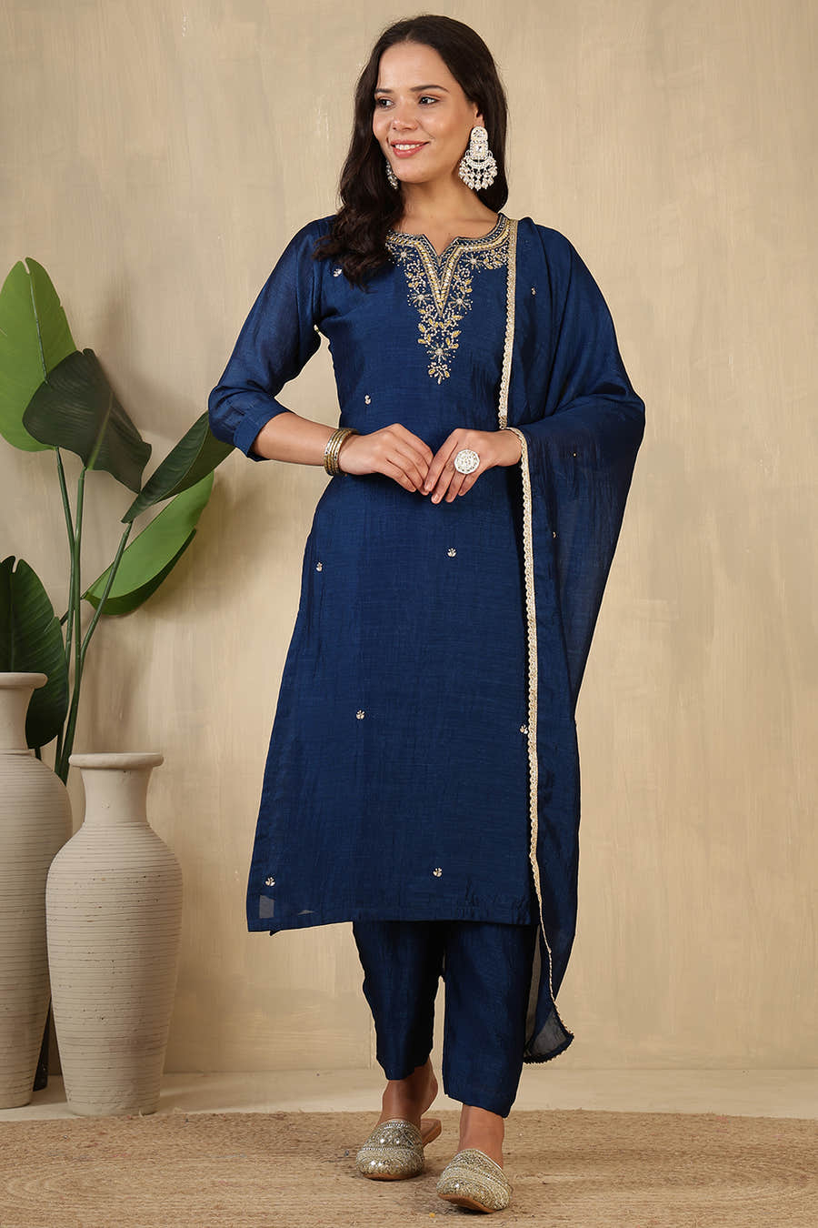 Navy Crepe Silk Neck Embroidered Suit