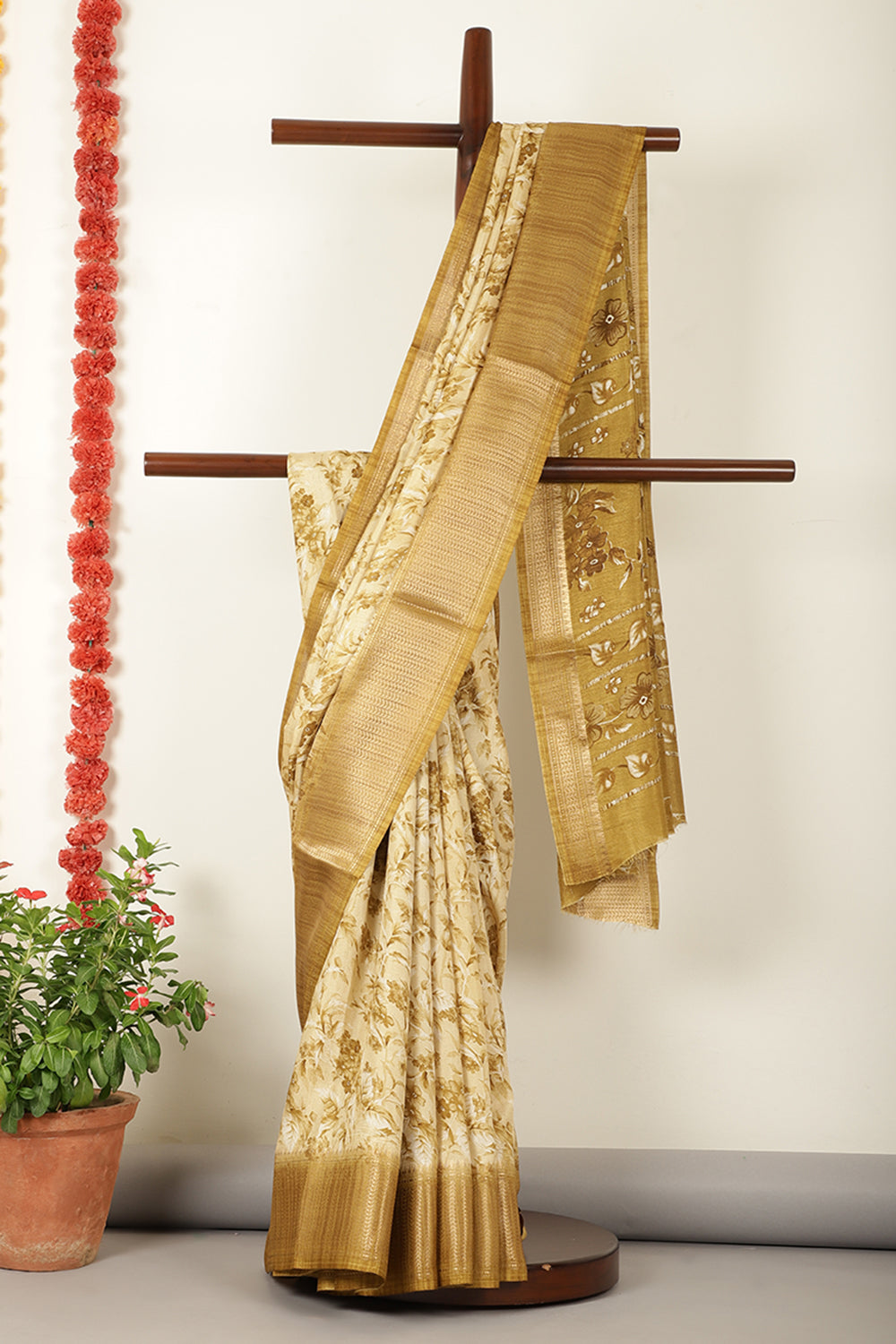 Olive Green Floral Printed Cotton Silk Saree