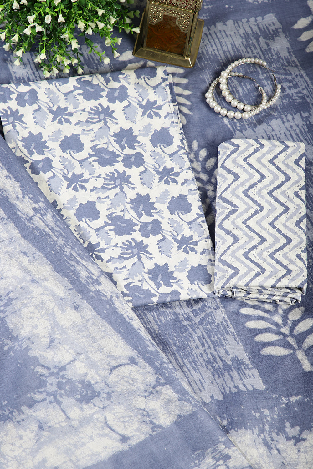 Light Blue Color Cotton Printed Unstitched Suit