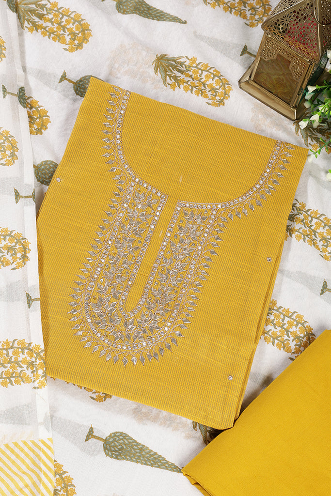 Mustard Cotton Gota Patti and Zari Work Unstitched Suit Material