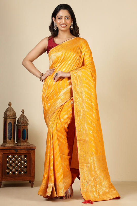 Mustard Color Banarasi Woven Tussar Silk Saree