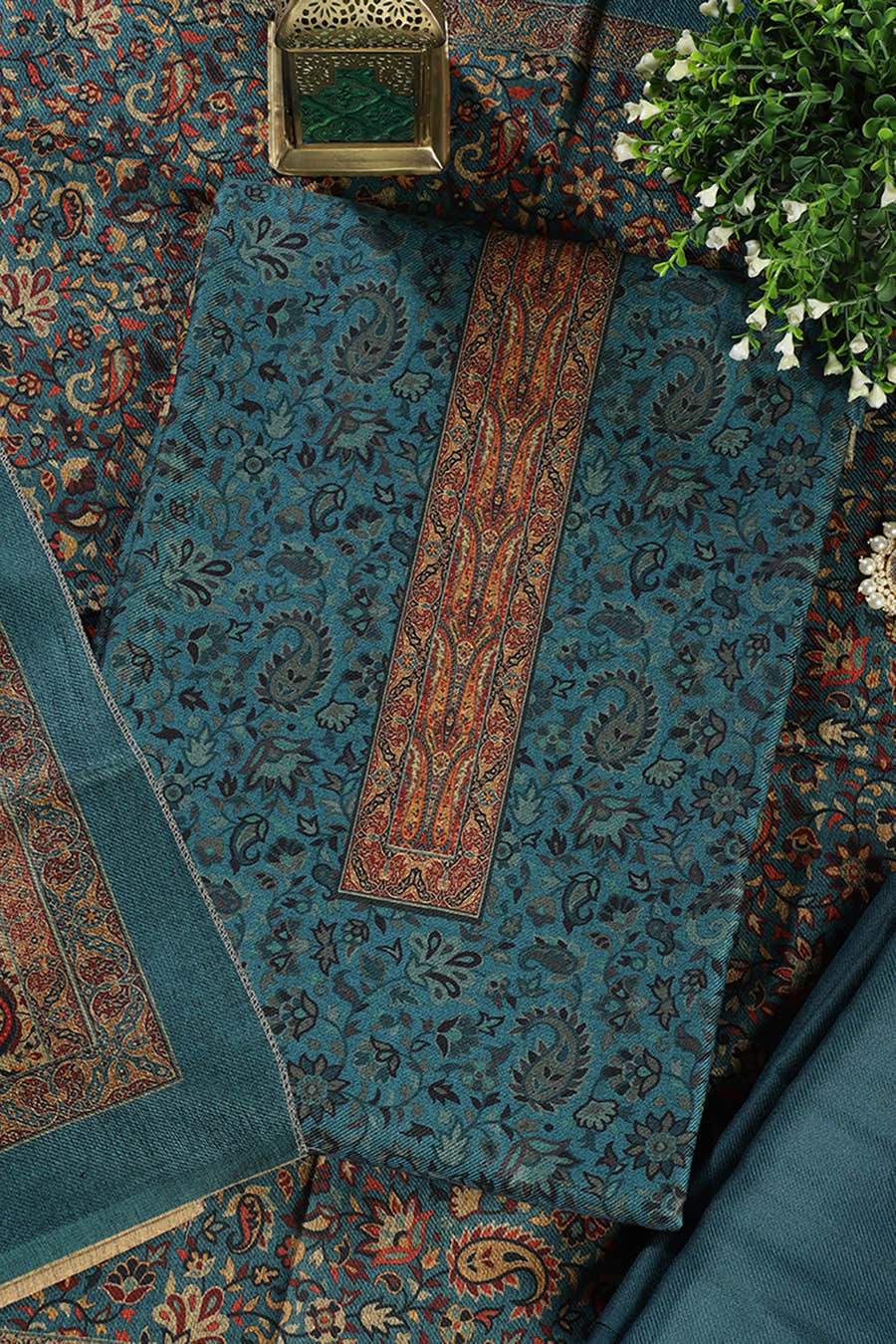 Blue Pashmina Digital Printed Unstitched Suit Fabric