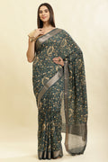 Blue Floral Printed & Zari Border Cotton Silk Saree