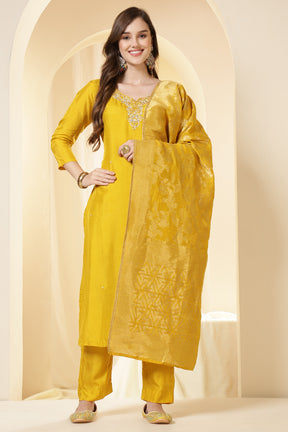 Mustard Color Silk Neck Embroidered Suit Set