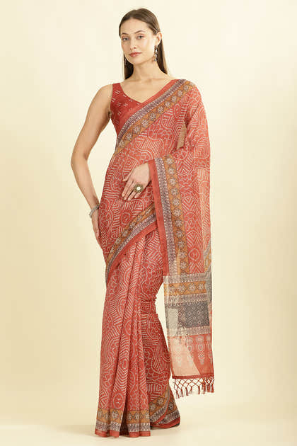 Rust Bandhani Printed Cotton Saree