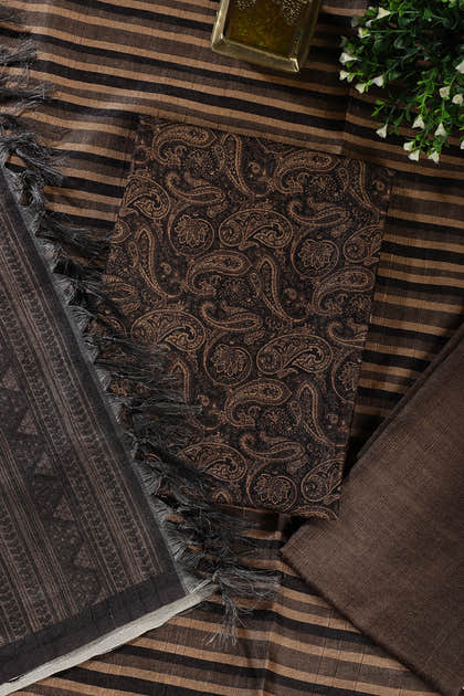 Pale Brown & Black Digital Printed Chanderi Cotton Unstiched Suit Material