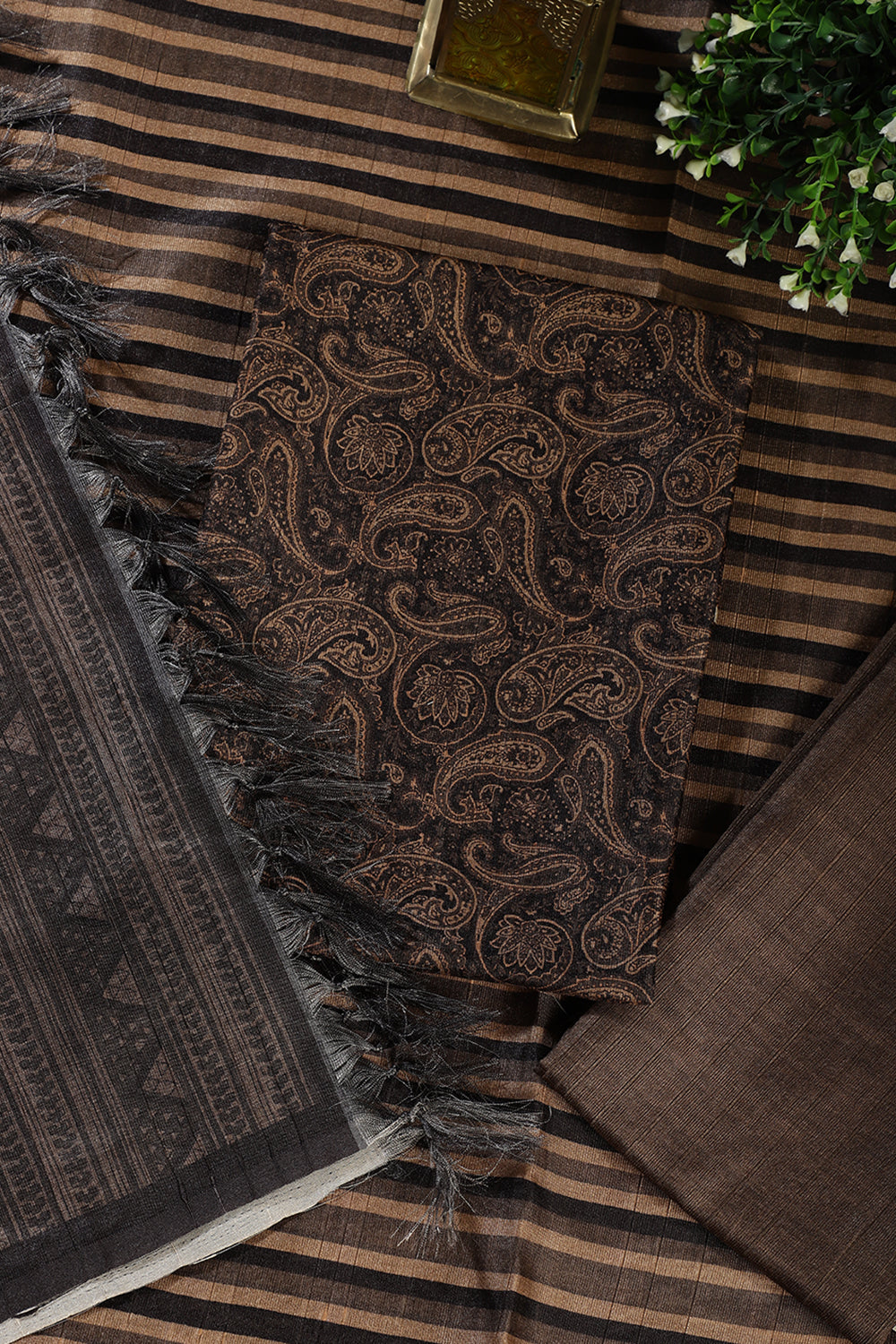 Pale Brown & Black Digital Printed Chanderi Cotton Unstiched Suit Material