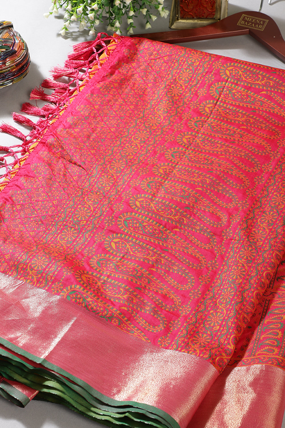 Orange & Fuchsia Silk Resham And Zari Woven Saree