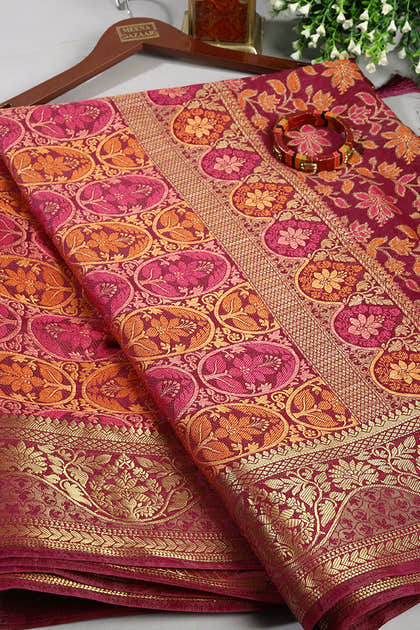Burgundy Color Tussar Woven Silk Saree