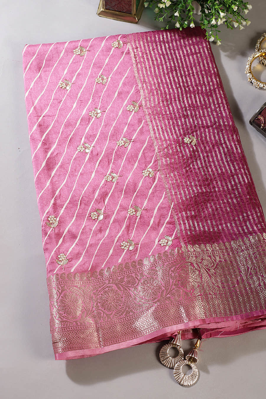Pink & Wine Jaipuri Silk Leheriya Printed And Embroidered Saree
