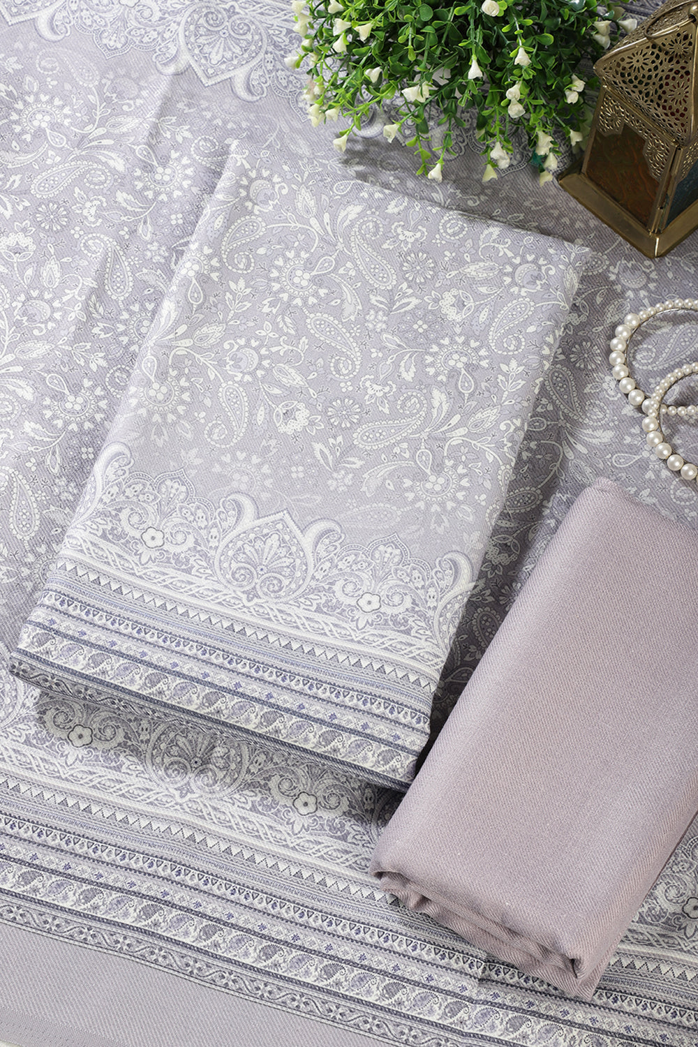 Light Lavender Digital Printed Pashmina Unstitched Suit Material