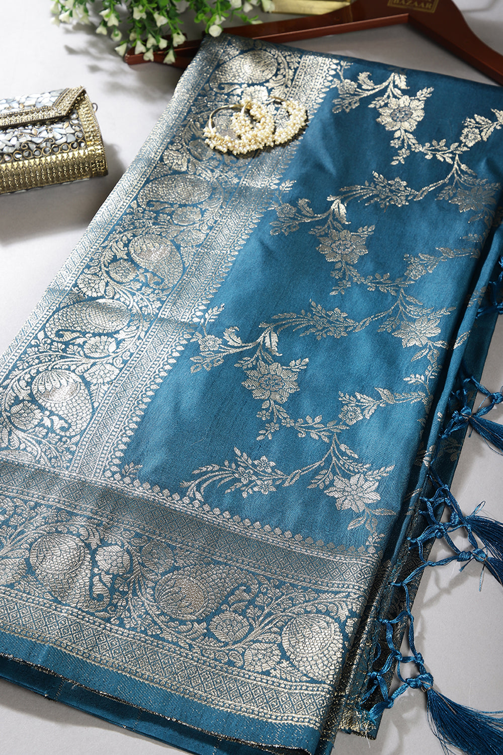 Peacock Blue Color Zari Woven South Silk Saree