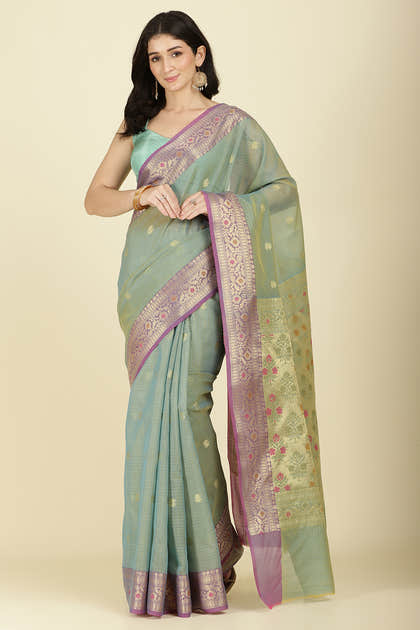 Sea Green Kota Cotton Zari Woven Saree