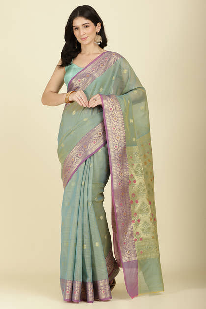 Sea Green Kota Cotton Zari Woven Saree