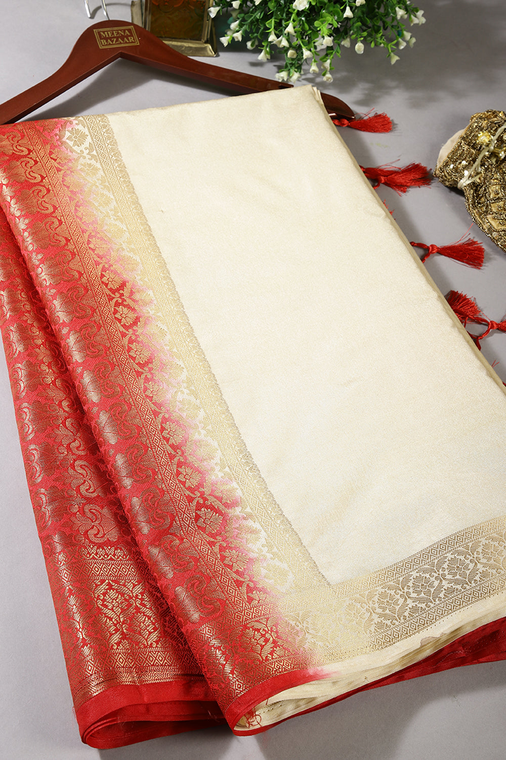 Cream & Red Ombré  Silk Zari Woven Saree