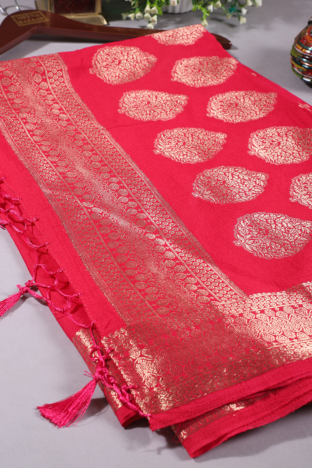 Cherry Colour Cotton Silk Zari Woven Saree