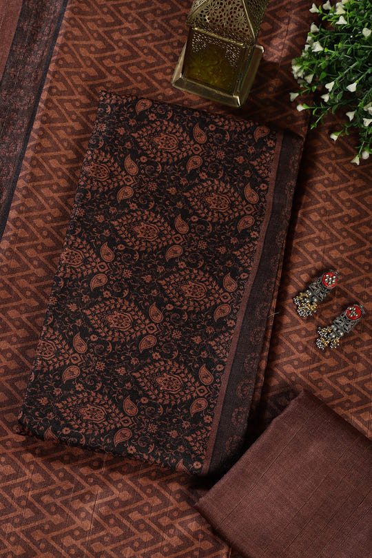Brown And Black Digital Printed Chanderi Cotton Unstiched Suit Material
