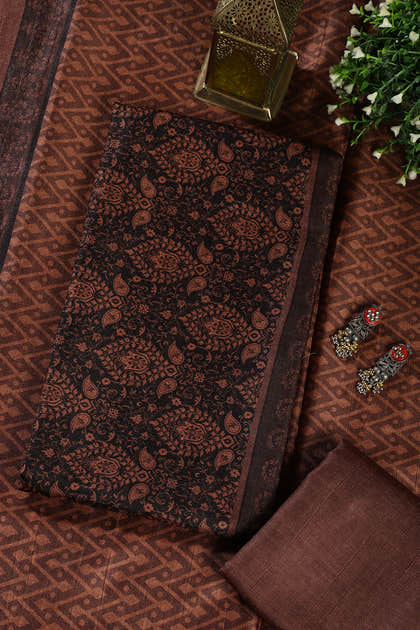 Brown And Black Digital Printed Chanderi Cotton Unstiched Suit Material