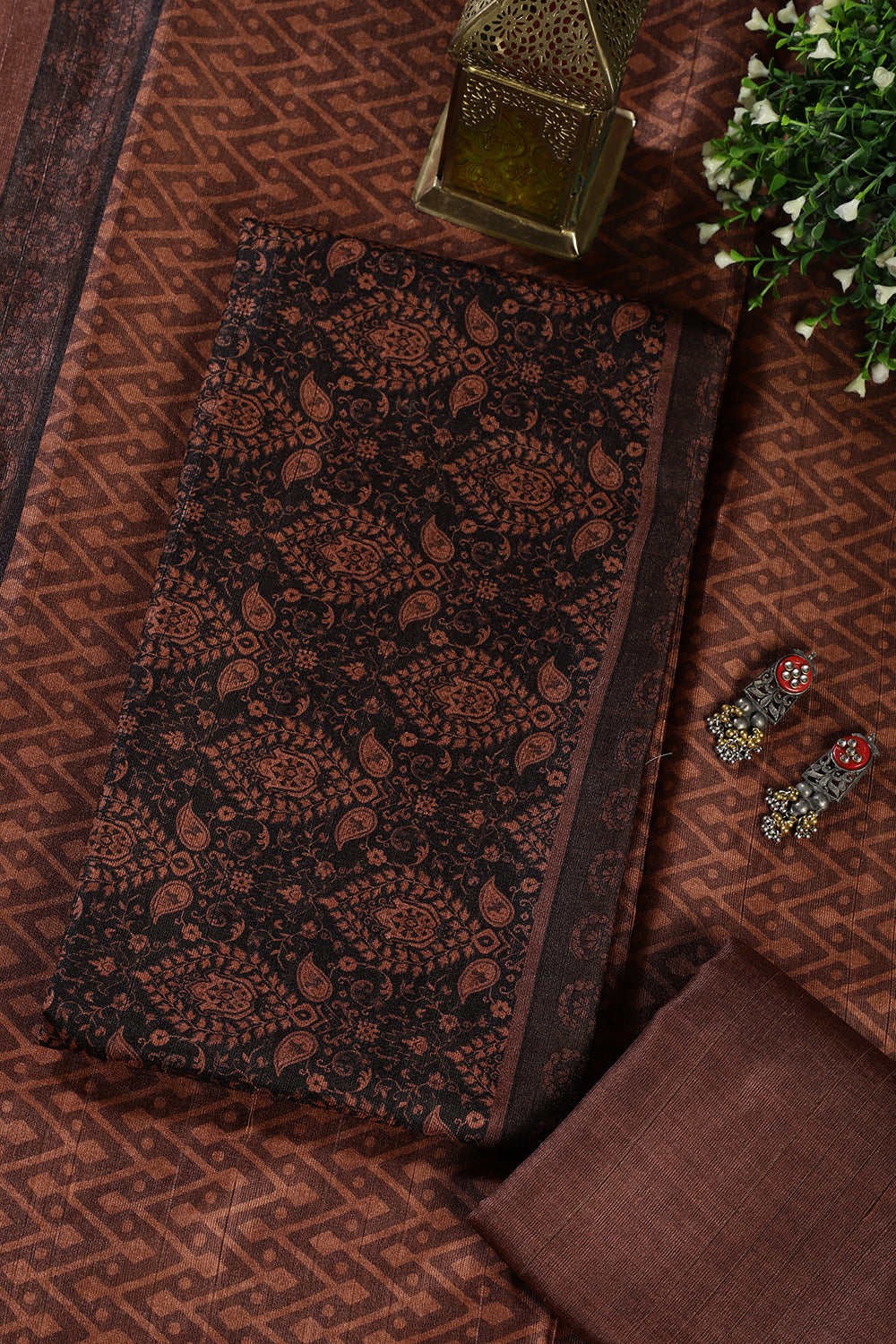 Brown And Black Digital Printed Chanderi Cotton Unstiched Suit Material
