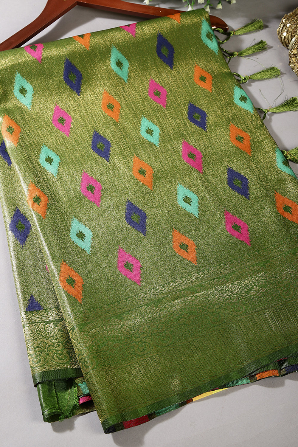 Olive Green Color Silk Resham and Zari Woven Saree
