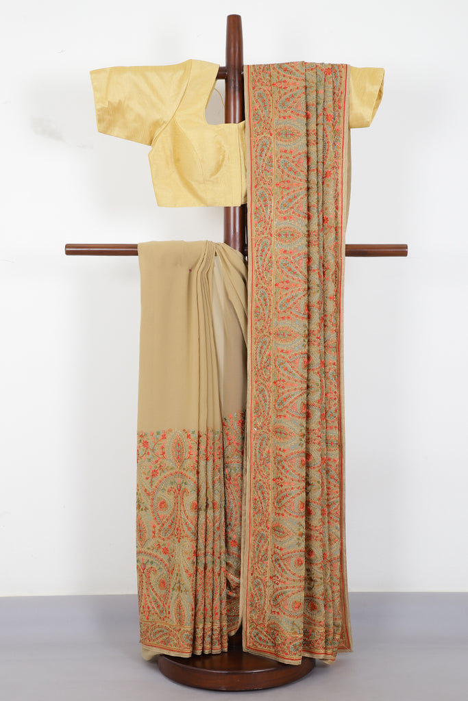 Beige Georggette Resham Embroidered And Swaroski Work Saree