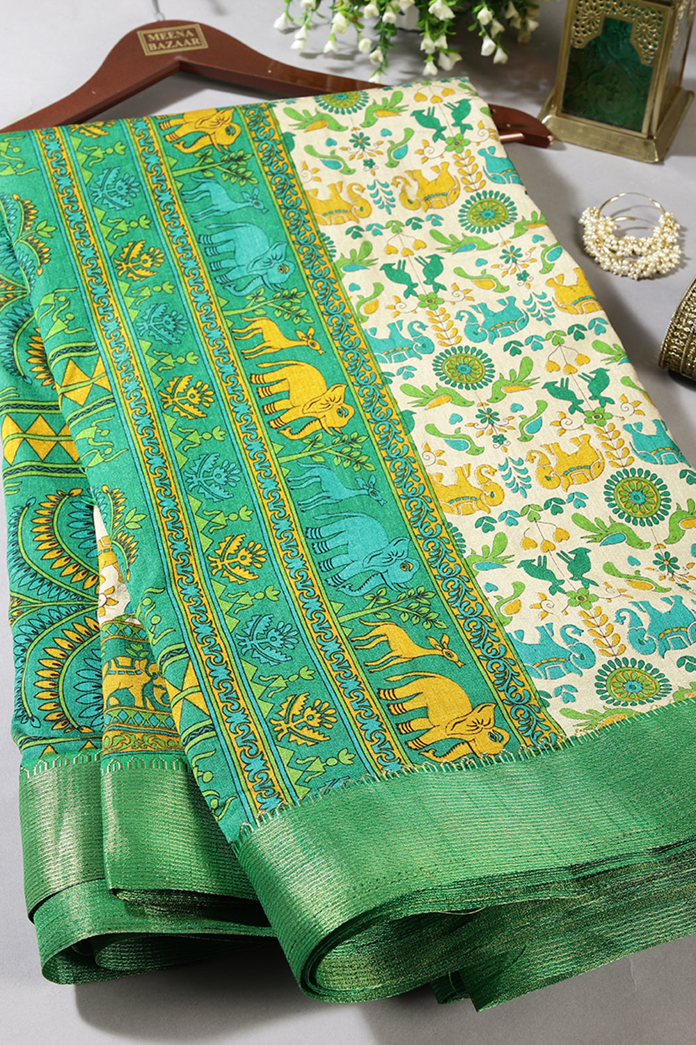 Cream & Green Color Tussar Silk Indian Folk Art Printed Saree