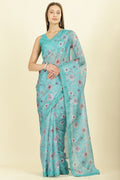 Sea Green Organza Floral Printed And Lace Work Saree
