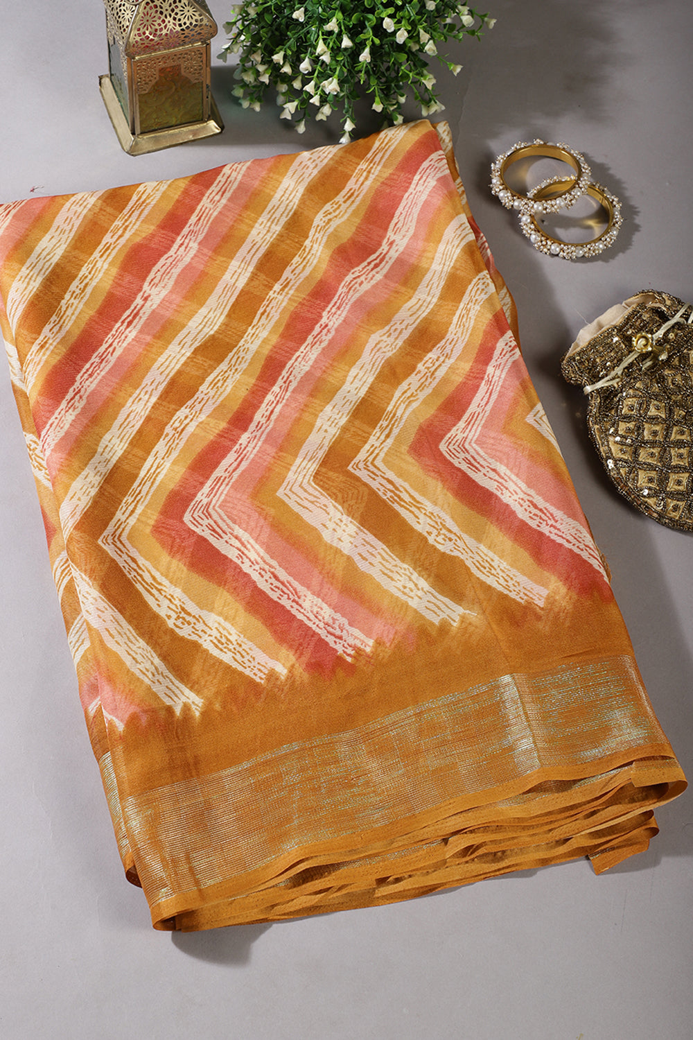 Mustard Chiffon Lehariya Printed Saree