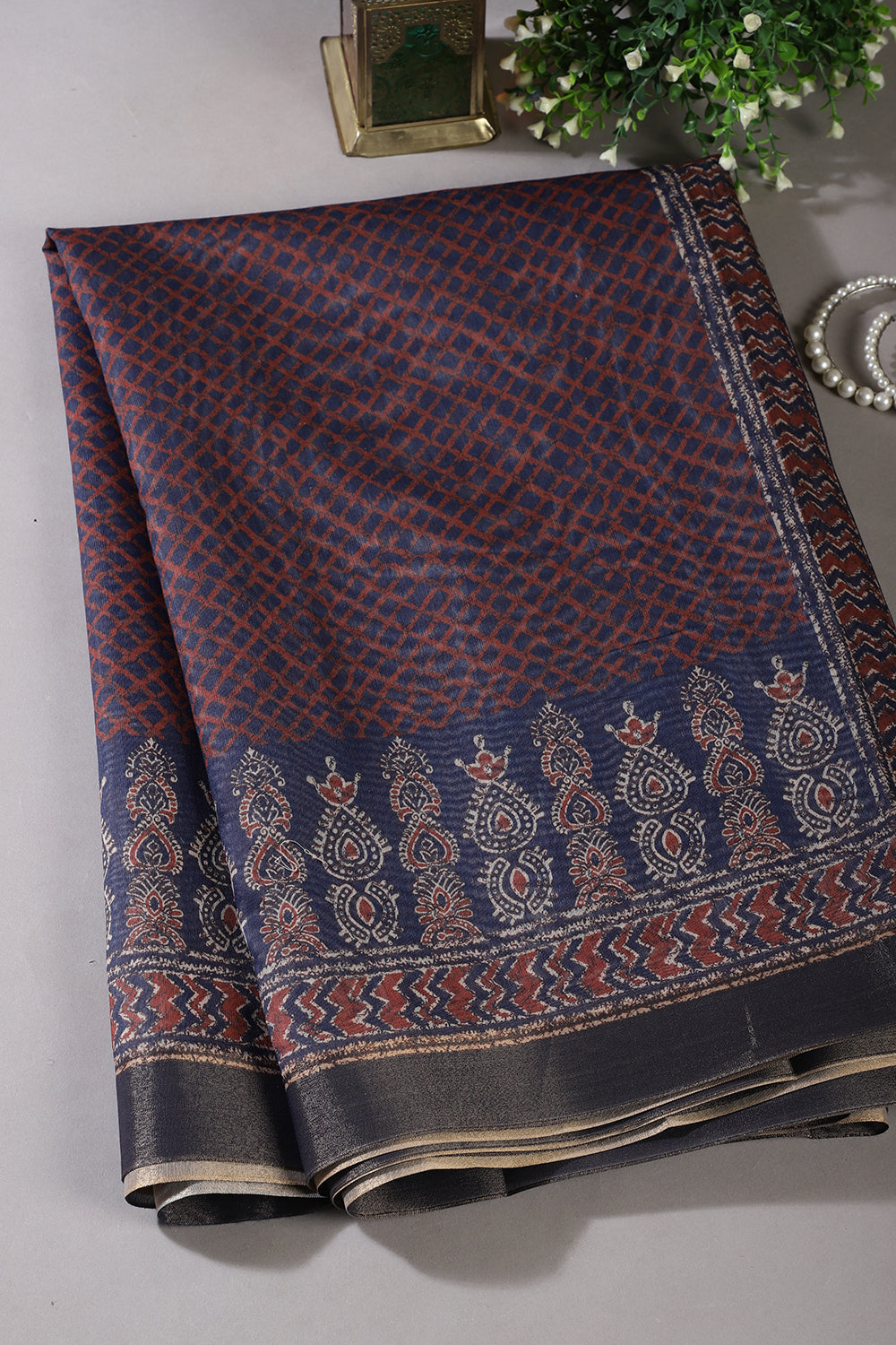 Blue & Rust Color Cotton Printed Saree