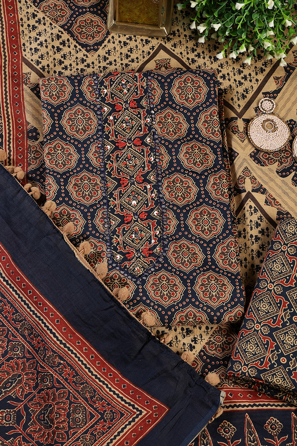 Navy Cambric Cotton Printed And Mirror Wrok Unstitched Suit Material