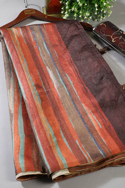 Rust Printed Tussar Silk Saree