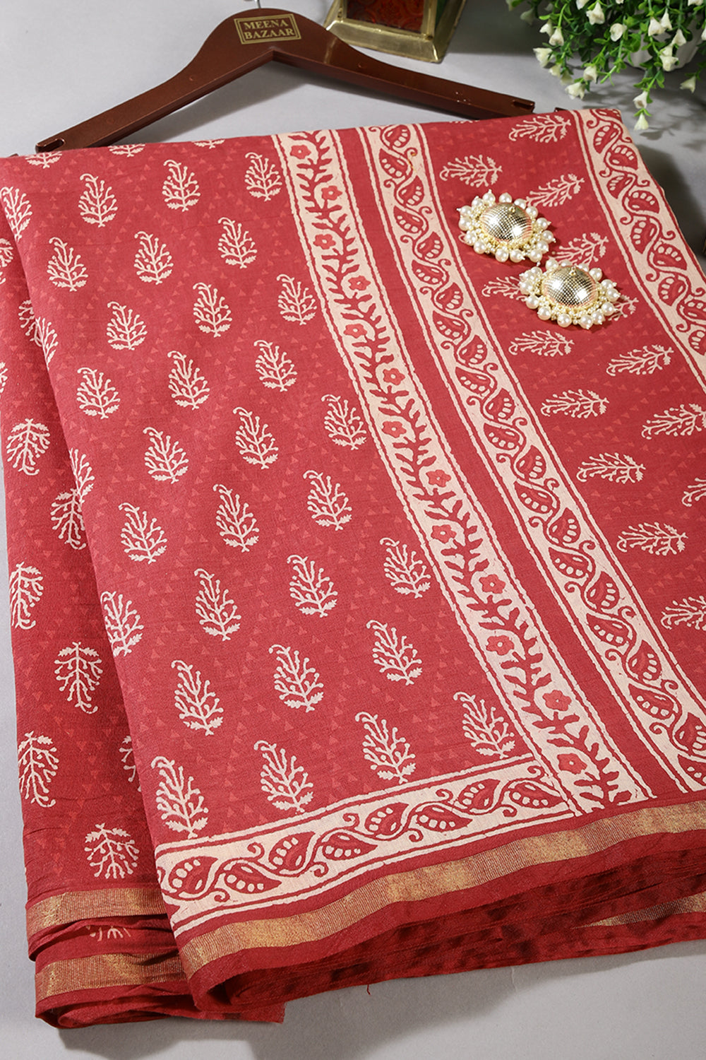 Maroon Color Cotton Hand-Block Style Printed Saree