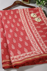Maroon Color Cotton Hand-Block Style Printed Saree