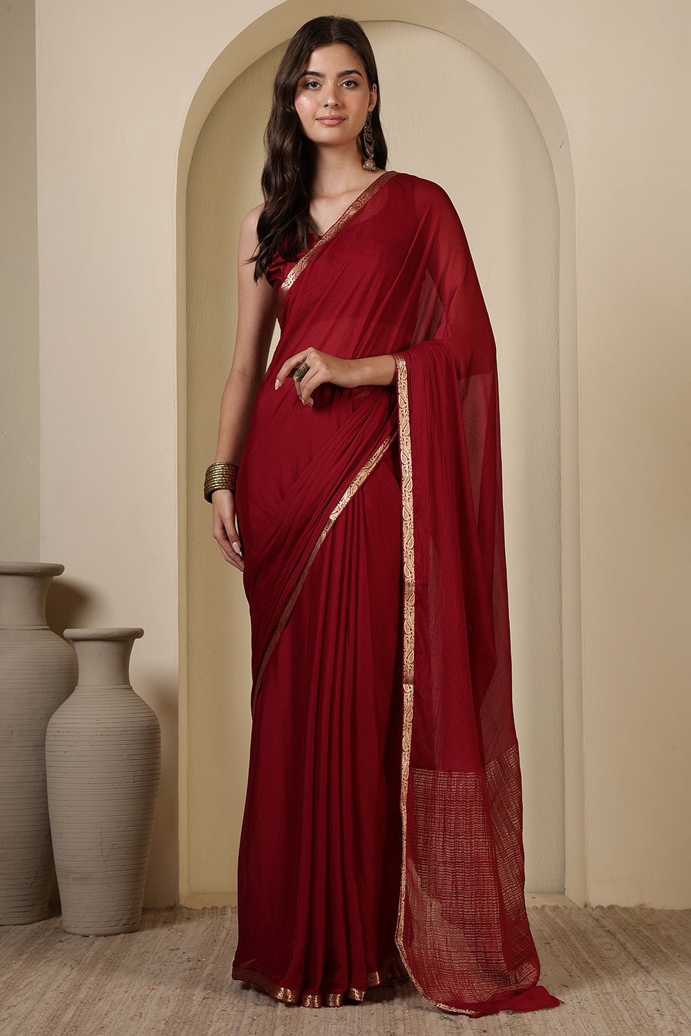 Maroon Chiffon Zari Border Saree