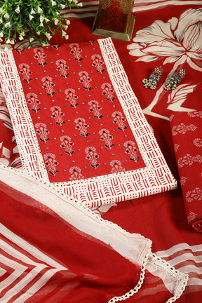 Red Color Cotton Printed Unstitched Suit Material