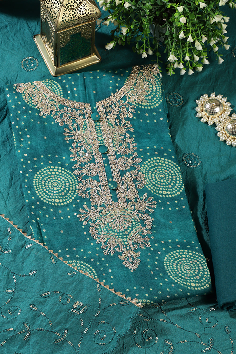 Teal Cotton Bandhani Printed & Neck Embroidered Unstitched Suit