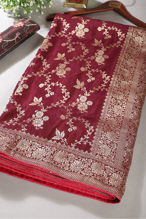 Dark Scarlet Banarasi Silk Zari Floral Zaal Woven Saree