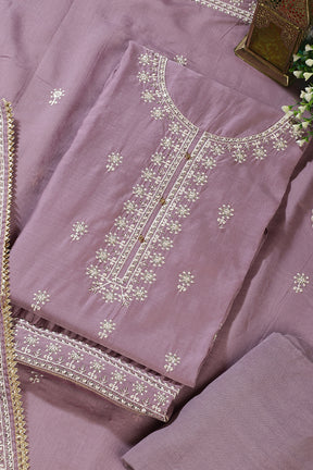 Lavender Chanderi Silk Resham Embroidered Unstitched Suit Material