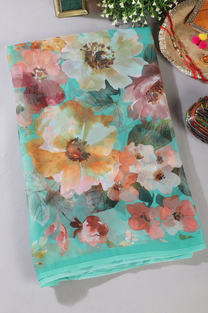 Turquoise Color Floral Printed Chiffon Saree