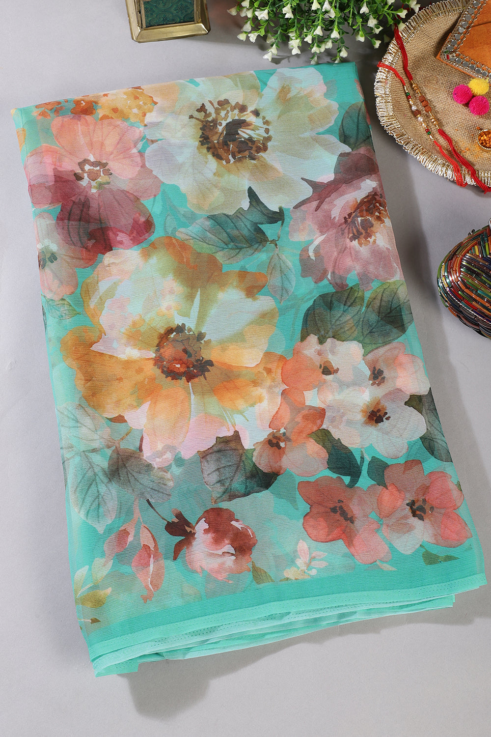 Turquoise Color Floral Printed Chiffon Saree