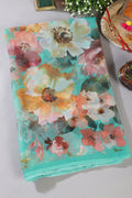 Turquoise Color Floral Printed Chiffon Saree